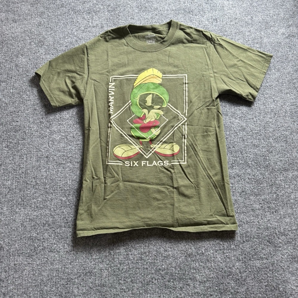 Vintage Six Flags Marvin The Martian Shirt Youth Small Olive Green Looney Tunes